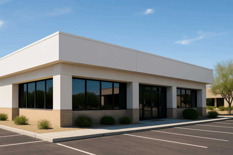 Modern commercial building in Arizona with flat roof and clean street view